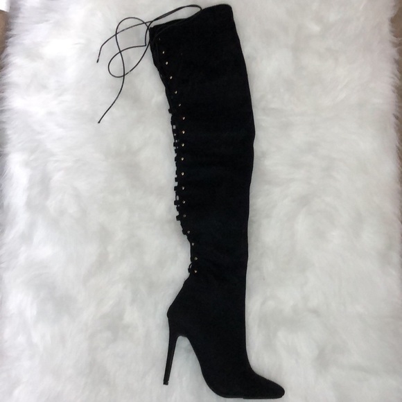 Black Suede Thigh High Laced Back Boot - Picture 2 of 3